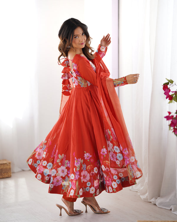 Nitara Orange Floral Print with Handwork Organza Anarkali
