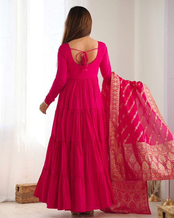 Burgundy Pink Pure Soft Roman Silk Kalamkari Anarkali Gown