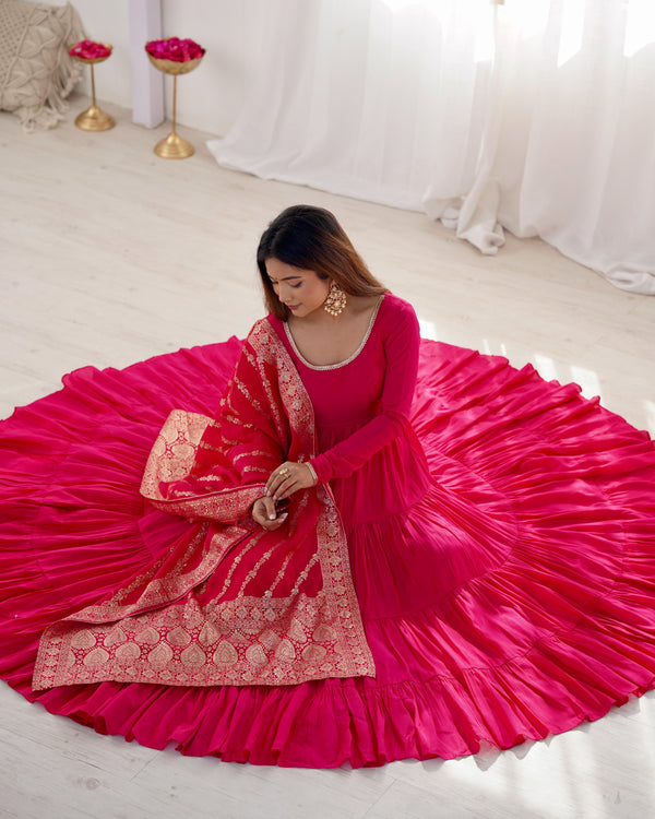 Burgundy Pink Pure Soft Roman Silk Kalamkari Anarkali Gown
