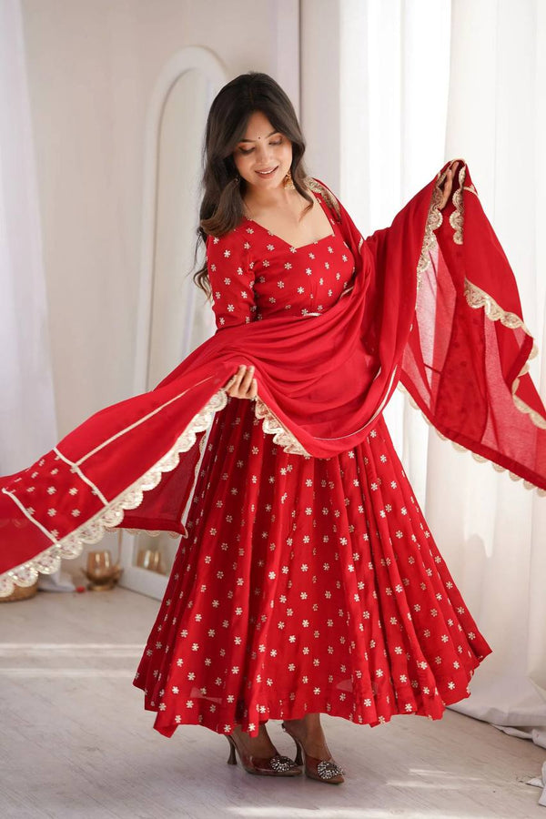 Women's Red Flared Anarkali Suit Set with Embroidered Dupatta