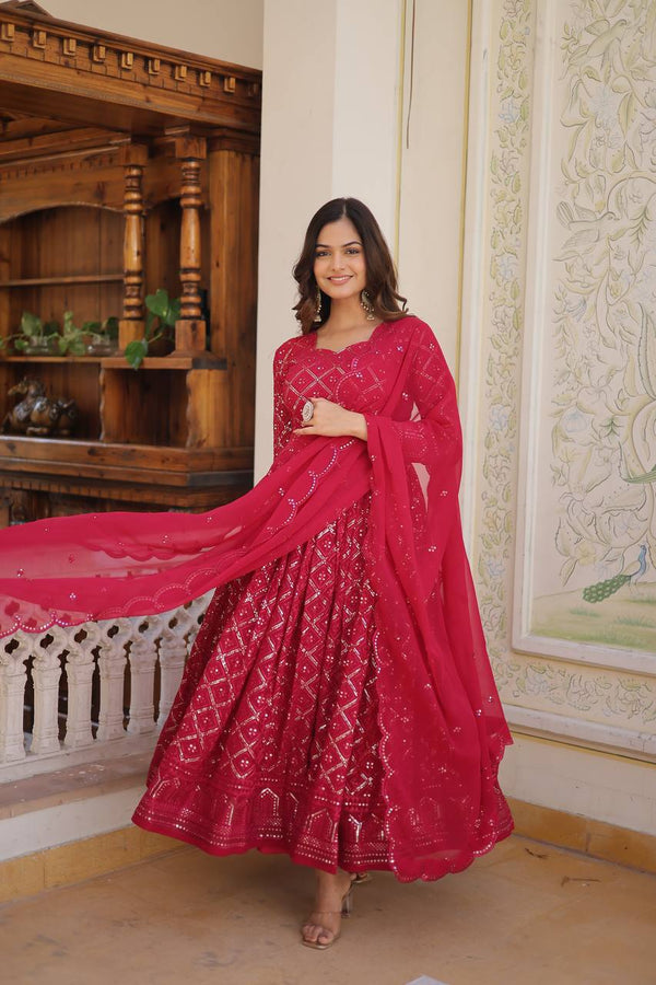 Rani Pink & Wine Embroidered Georgette Anarkali Suit Set