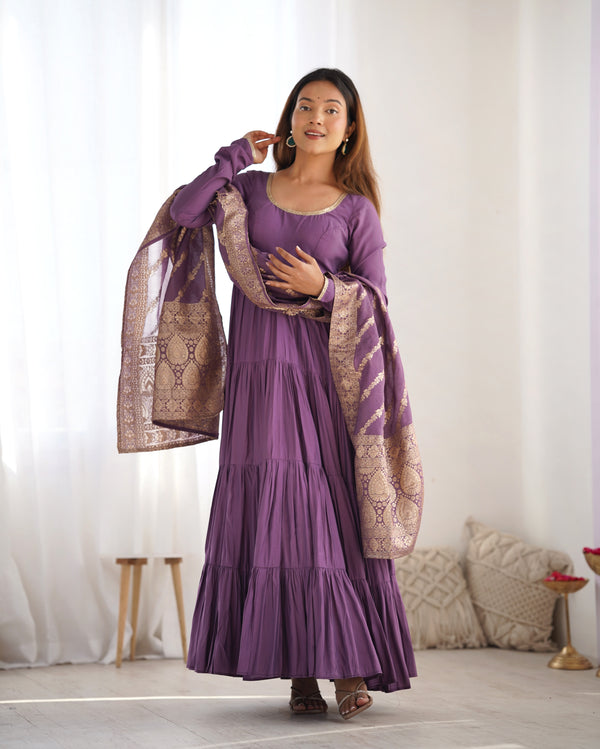Burgundy Purple Pure Soft Roman Silk Kalamkari Anarkali Gown