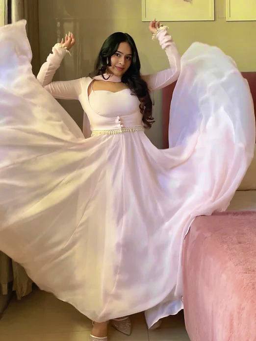 Blush Pink Elegant Anarkali Gown with Sheer Sleeves