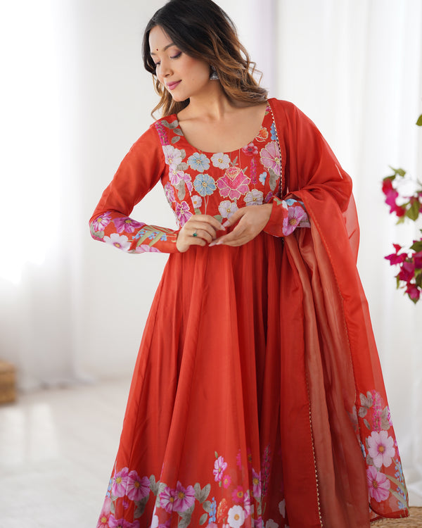 Nitara Orange Floral Print with Handwork Organza Anarkali