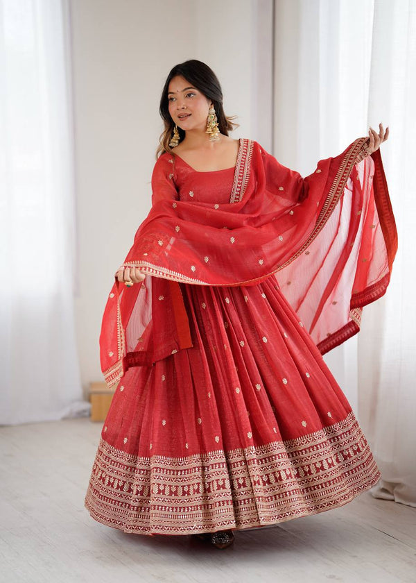 Trending Red Pure Crunchy Silk Anarkali Gown