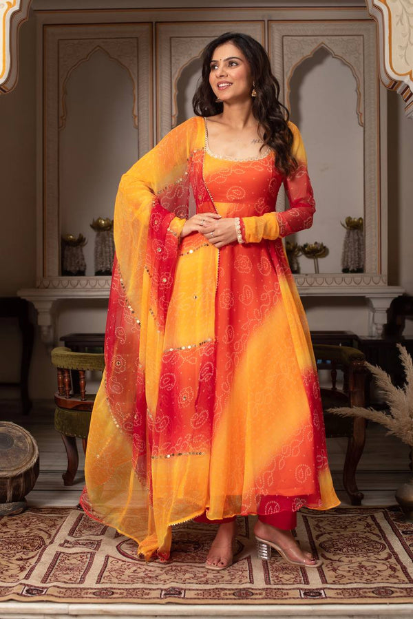 Orange Designer Bandhni Anarkali Suit Set