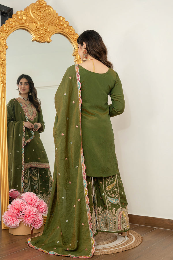 Zehra Green Embroidered Kurta Palazzo Dupatta Suit Set