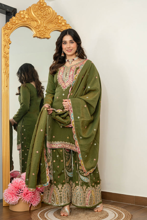 Zehra Green Embroidered Kurta Palazzo Dupatta Suit Set