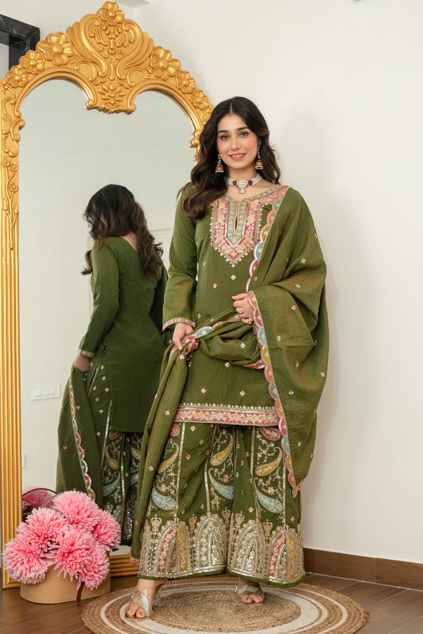 Zehra Green Embroidered Kurta Palazzo Dupatta Suit Set