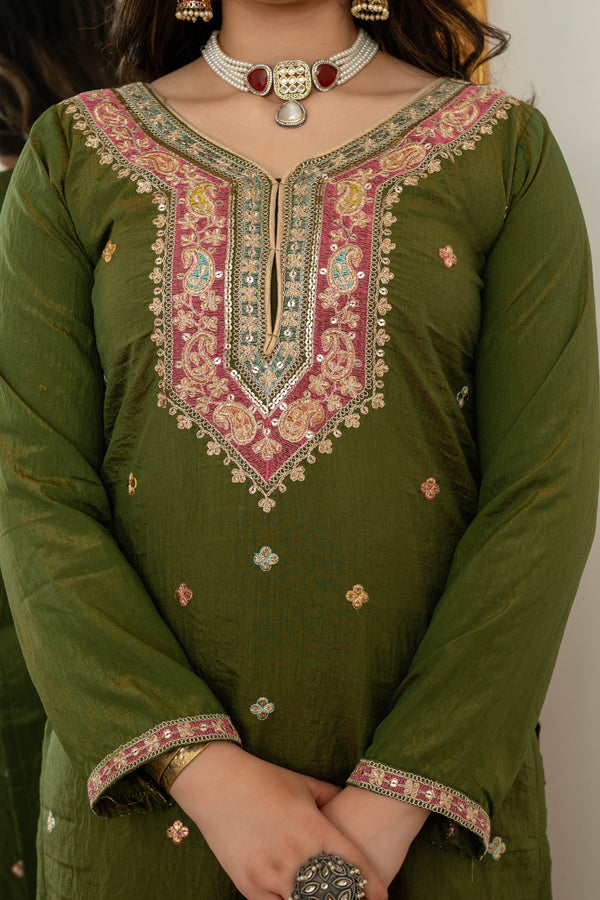 Zehra Green Embroidered Kurta Palazzo Dupatta Suit Set