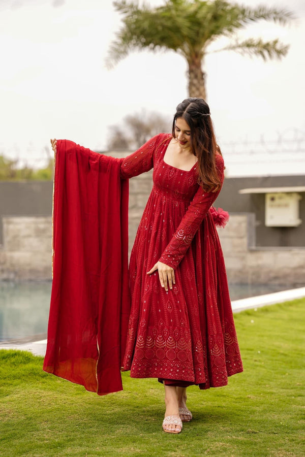 Maroon Embroidered Georgette Suit Set