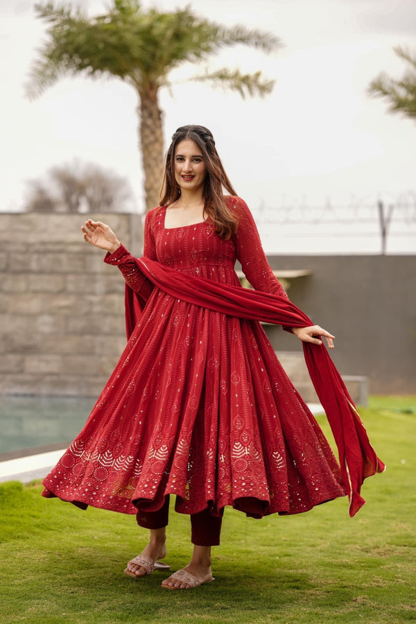 Maroon Embroidered Georgette Suit Set