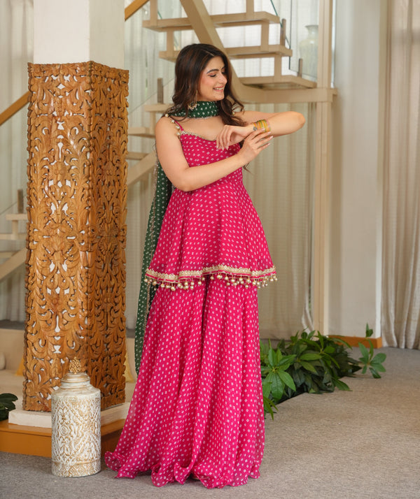 Pink Bandhani Print Sharara Suit Set with Green Dupatta
