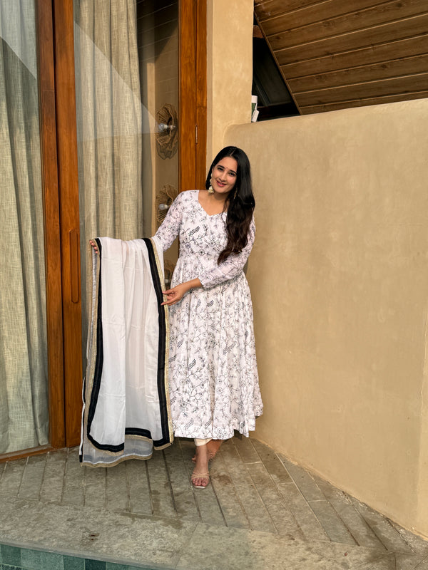 Classic Ivory Floral Anarkali with Dupatta