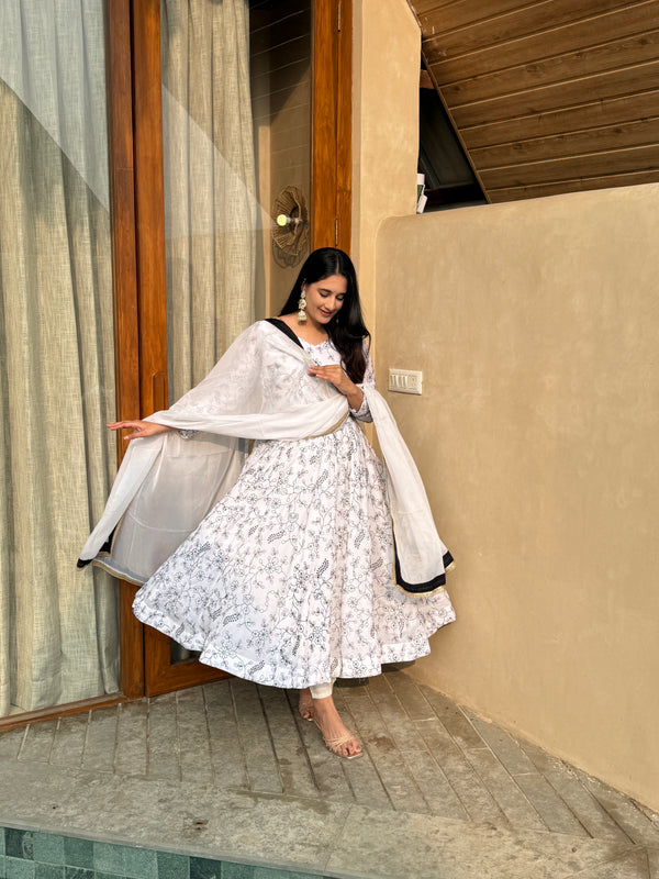 Classic Ivory Floral Anarkali with Dupatta
