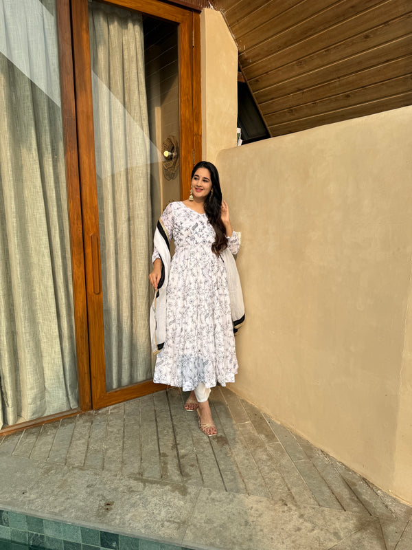 Classic Ivory Floral Anarkali with Dupatta