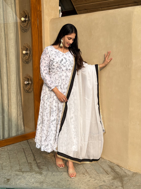 Classic Ivory Floral Anarkali with Dupatta