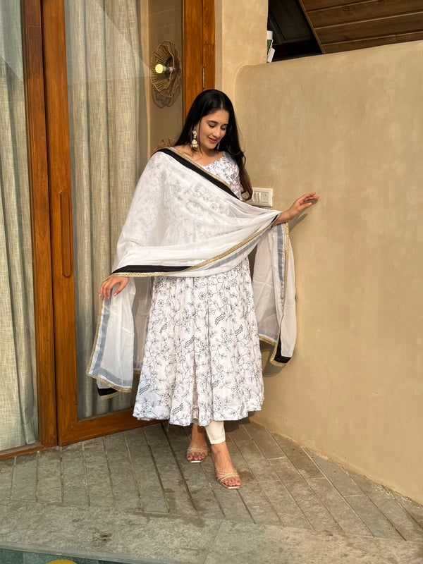 Classic Ivory Floral Anarkali with Dupatta