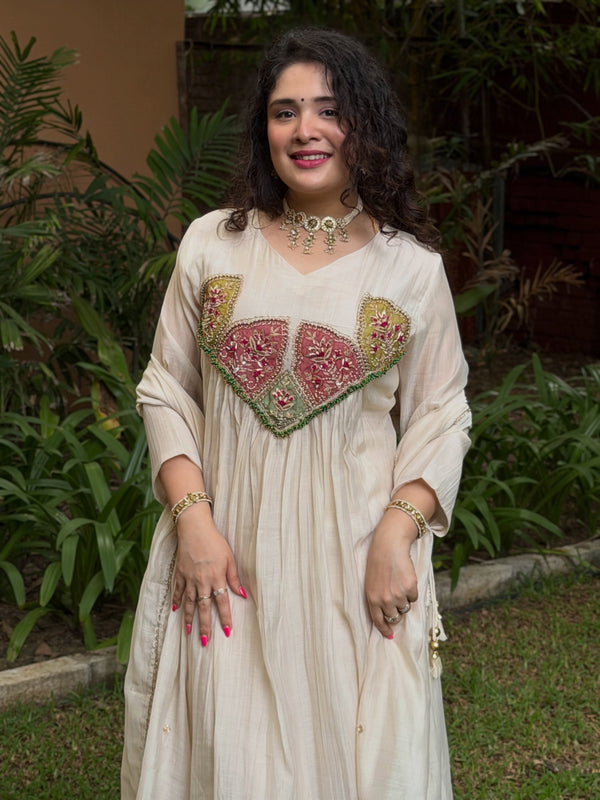 White Hand work Anarkali Suit Set with Dupatta Festive & Wedding Wear
