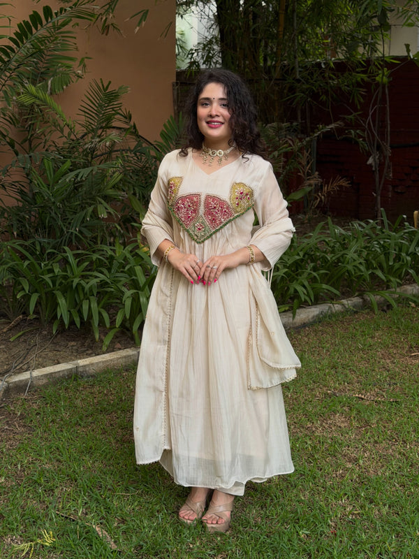 White Hand work Anarkali Suit Set with Dupatta Festive & Wedding Wear