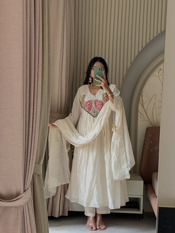 White Hand work Anarkali Suit Set with Dupatta Festive & Wedding Wear