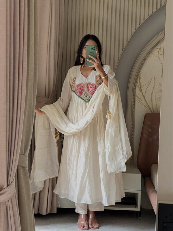 White Hand work Anarkali Suit Set with Dupatta Festive & Wedding Wear