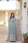 Nisha Blue Readymade Fency Gown With Dupatta Set