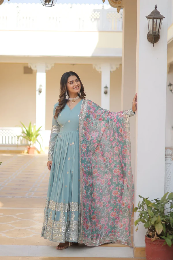 Nisha Blue Readymade Fency Gown With Dupatta Set