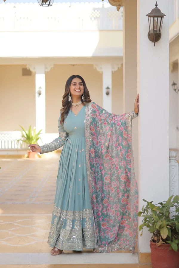 Nisha Blue Readymade Fency Gown With Dupatta Set