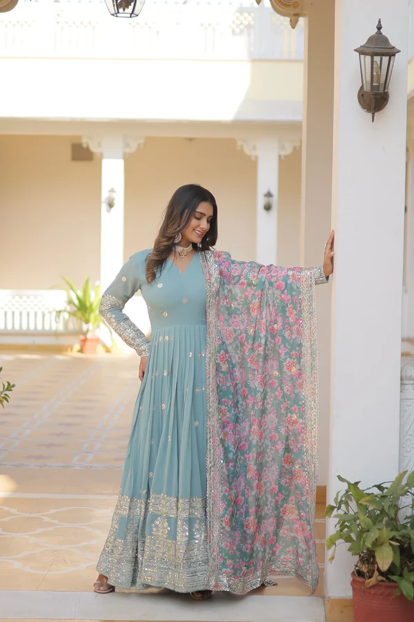 Nisha Blue Readymade Fency Gown With Dupatta Set