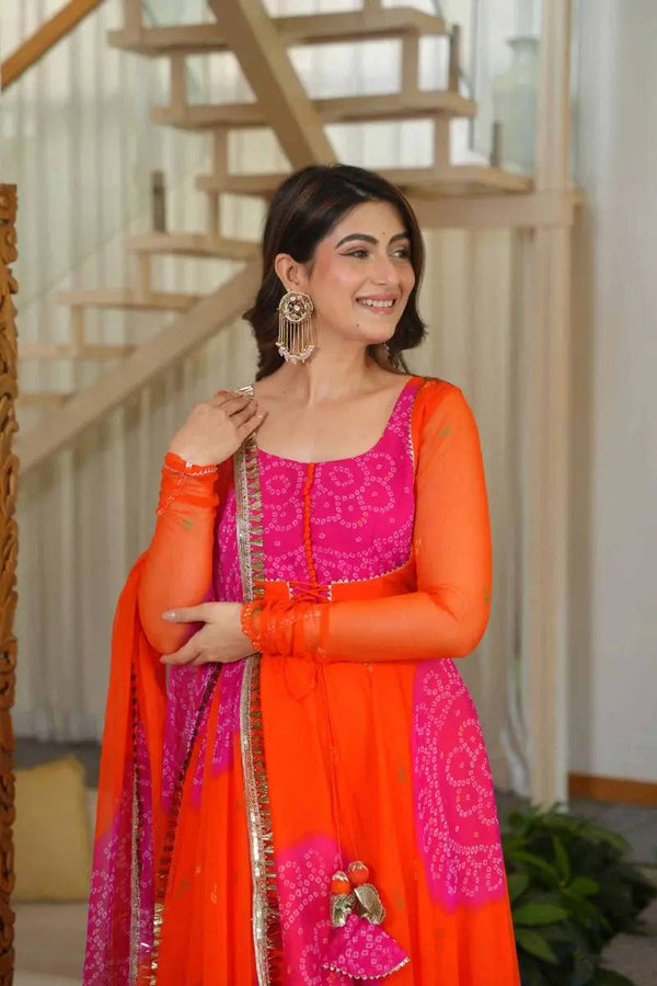 Graceful Purple And Orange Flared Ethnic Suit Set