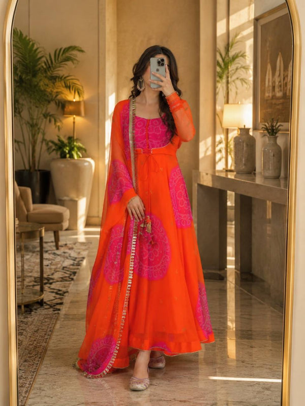 Graceful Purple And Orange Flared Ethnic Suit Set