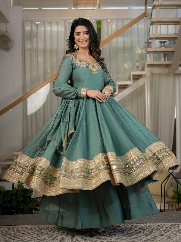 Designer Anarkali Suit Set with Rich Border & Neck Embroidery