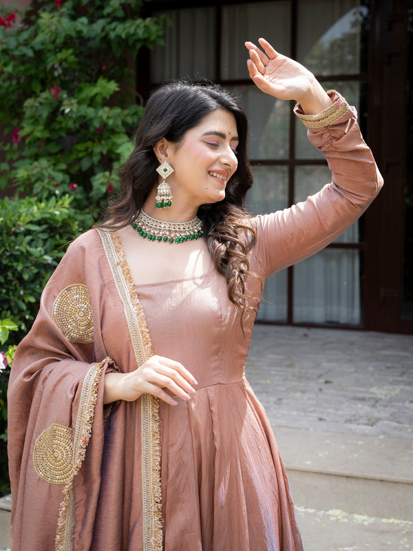 Jiya Premium Blush Brown Anarkali with Golden Border Dupatta
