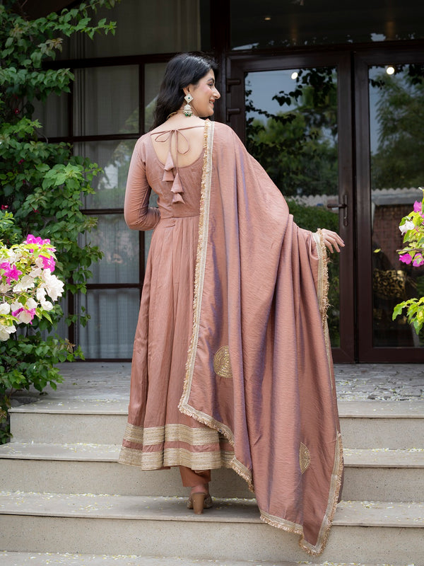 Jiya Premium Blush Brown Anarkali with Golden Border Dupatta
