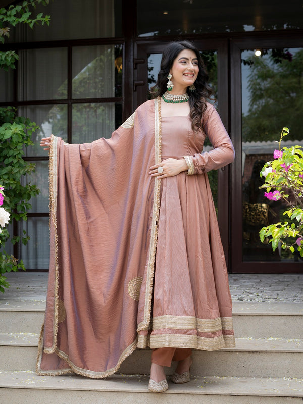 Jiya Premium Blush Brown Anarkali with Golden Border Dupatta