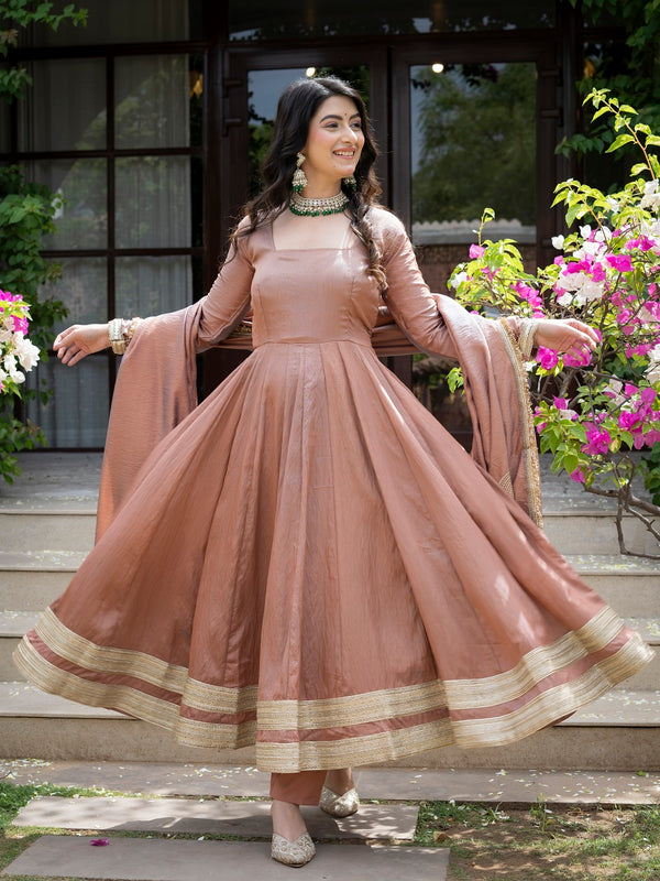 Jiya Premium Blush Brown Anarkali with Golden Border Dupatta