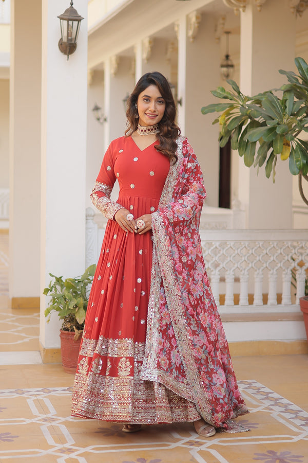 Nisha Red Readymade Fency Gown With Dupatta Set