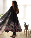 Sakura Printed Pure Soft Organza Jade Black Anarkali Gown