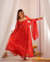 Bandhej Red Soft Chiffon Forest Designer Anarkali Gown