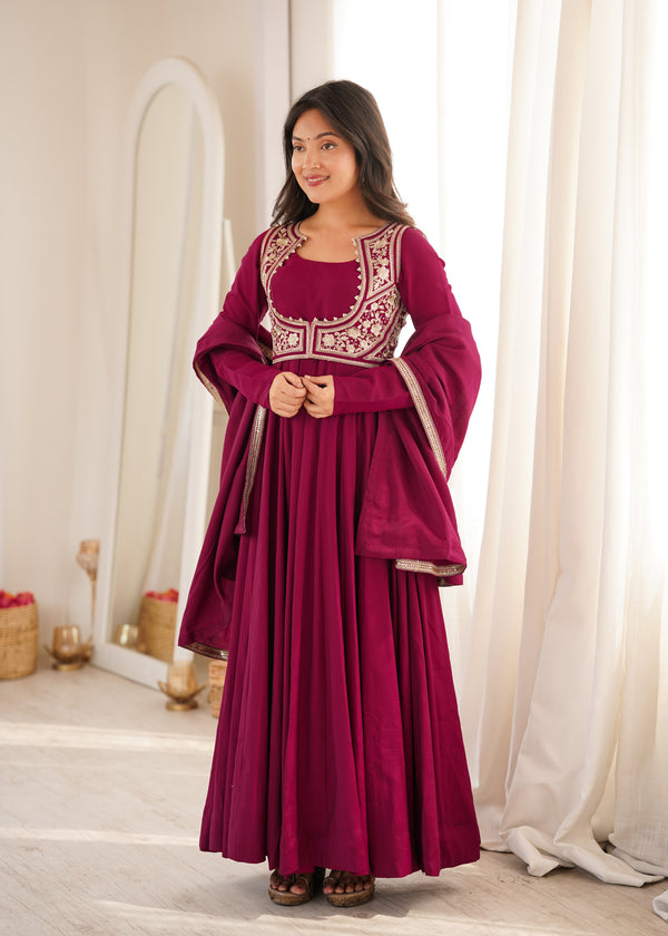 Wine Maroon Embroidered Flared Anarkali Suit Set with Dupatta