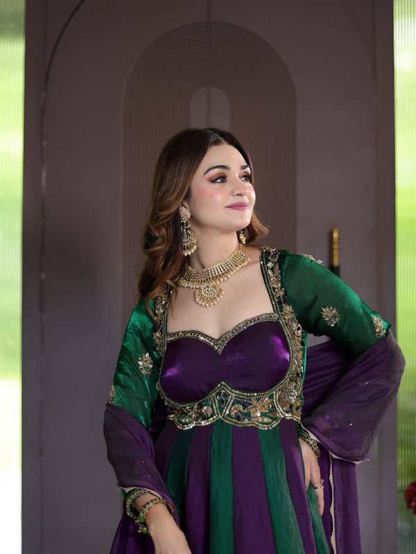 Royal Purple & Green Embroidered Anarkali Gown with Dupatta