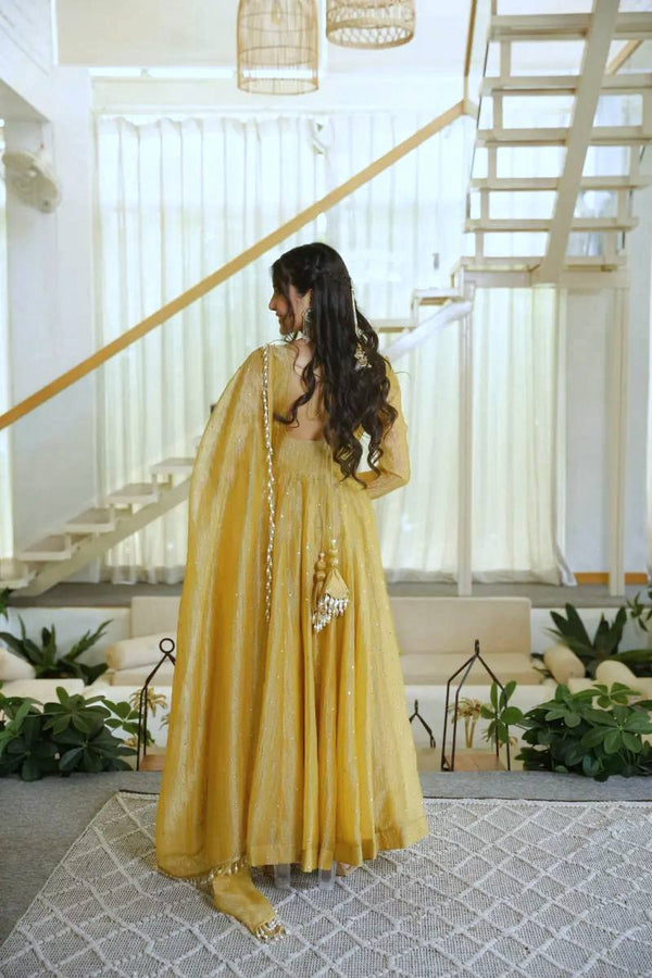 Mustard Yellow Flared Anarkali Suit with Embellished Dupatta