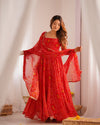 Bandhej Red Soft Chiffon Forest Designer Anarkali Gown