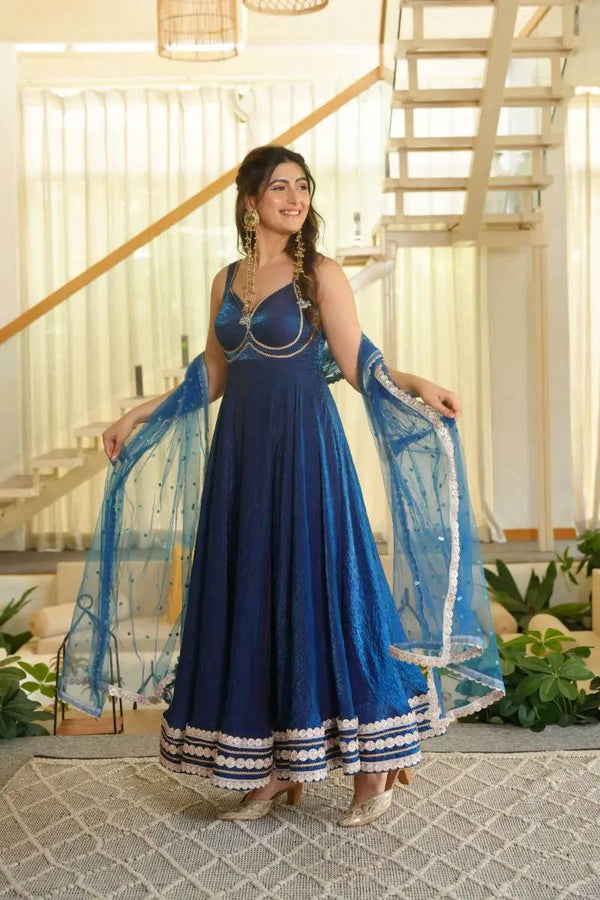 Royal Blue Embroidered Anarkali Suit Set with Dupatta