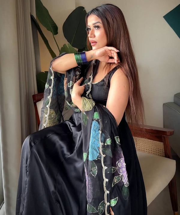 Classic Black Flared Anarkali with Brush Printed Tabby silk Dupatta