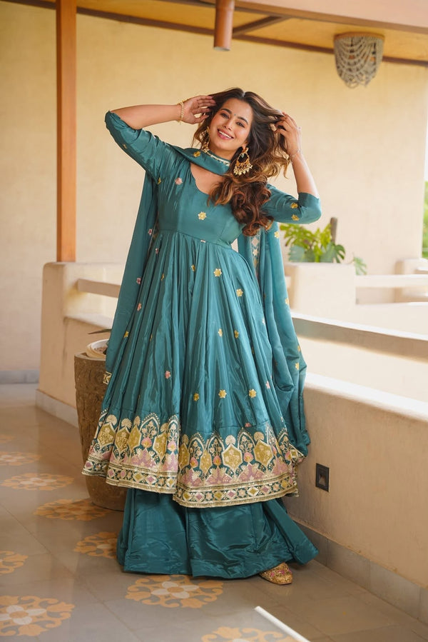 Meera Teal Green Embroidered Anarkali Suit Set with Dupatta