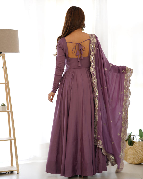 Divine Wine Colored Heavy Roman Silk Chanderi Anarkali Gown