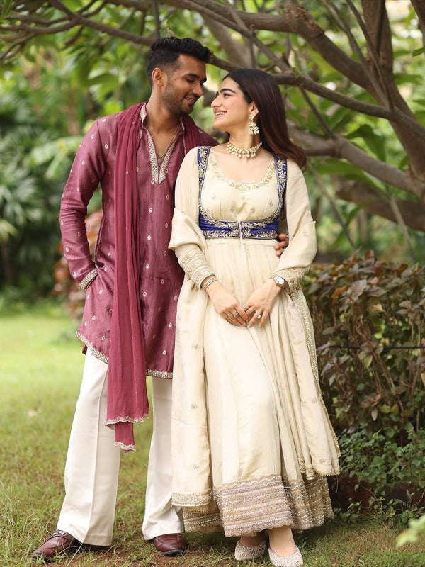 Nivya Off White Designer Embroidered Koti With Suit Set