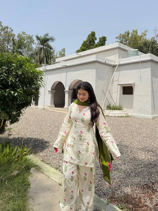 Ivory Floral Kurta Palazzo Set with Olive Green Dupatta